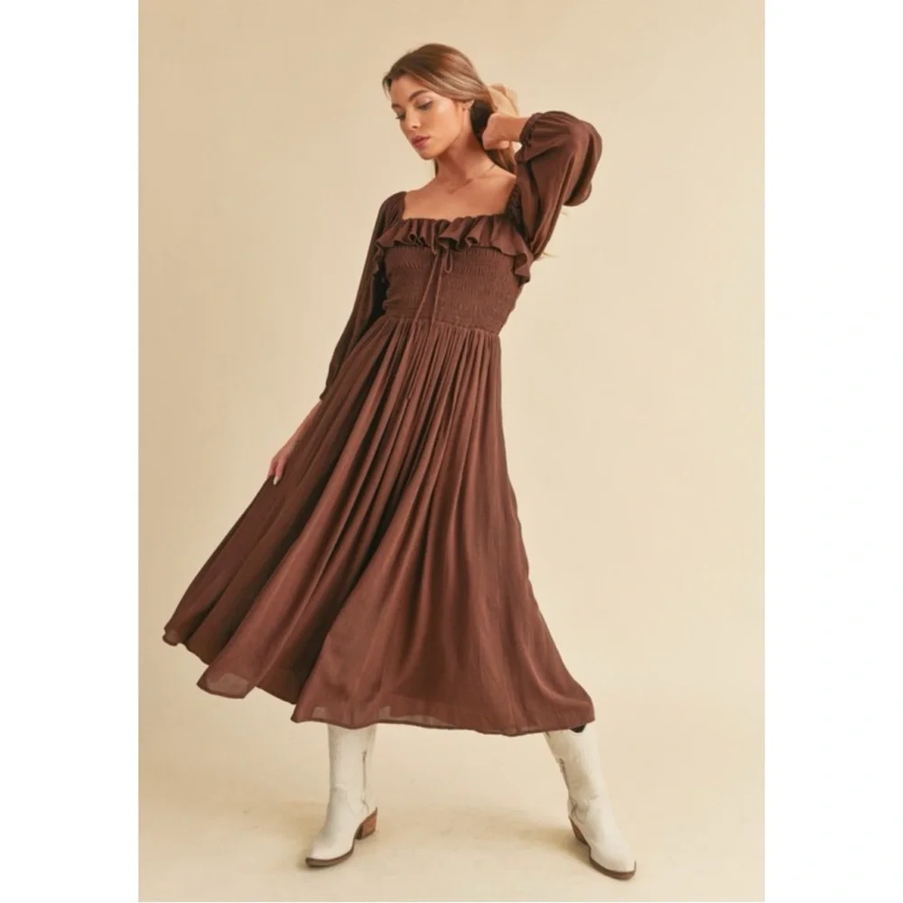 Elegant Brown Midi Dress - Picture 2 of 11